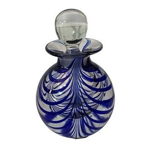 MMA art glass Blue swirl perfume bottle Paperweight 4.5”x 3” Marigold Glass